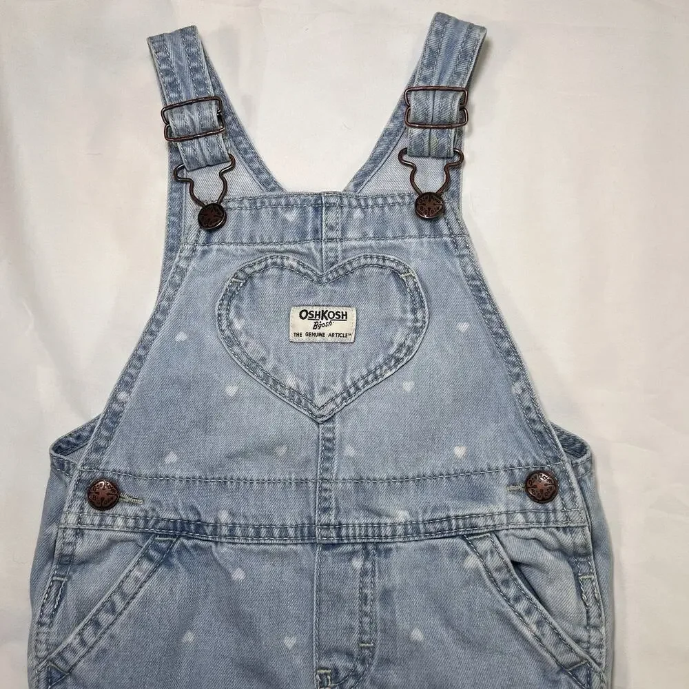Osh Kosh B’gosh Overalls Toddler Girl Size 4T Blue Denim Heart AOP Heart Pocket